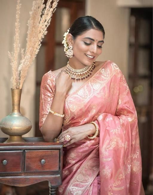 Blush Pink Banarasi Jacquard Lichi Silk Saree with Soft Gold Zari Detailing  Understated Luxury for Elegant Occasions