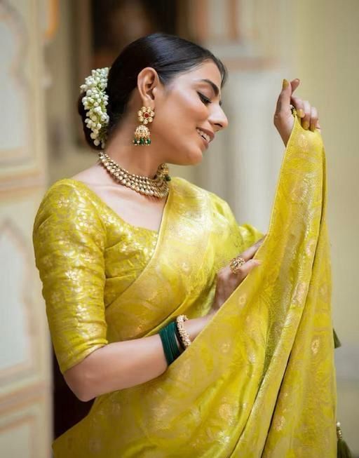 Radiant Lime Yellow Banarasi Jacquard Lichi Silk Saree with Subtle Zari Accents  Festive Ethnic Grace