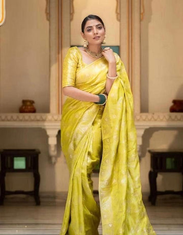 Radiant Lime Yellow Banarasi Jacquard Lichi Silk Saree with Subtle Zari Accents  Festive Ethnic Grace