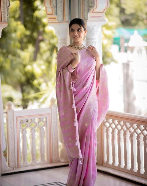Baby Pink Banarasi Jacquard Lichi Silk Saree with Soft Gold Zari  Feminine Grace for Celebrations & Daytime Events
