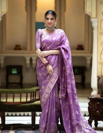 Lavender Banarasi Jacquard Lichi Silk Saree with Soft Gold Zari