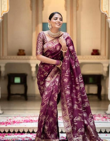Wine Banarasi Jacquard Lichi Silk Saree with Soft Gold Zari