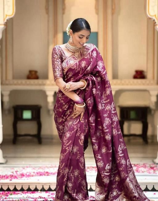Wine Banarasi Jacquard Lichi Silk Saree with Soft Gold Zari