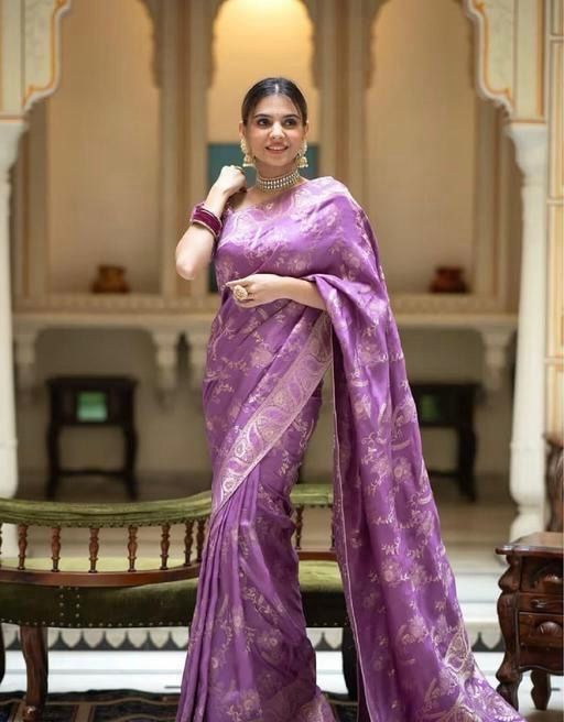 Lavender Banarasi Jacquard Lichi Silk Saree with Soft Gold Zari