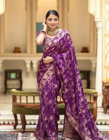 Royal Purple Banarasi Jacquard Lichi Silk Saree with Soft Gold Zari
