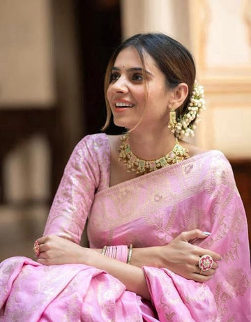Baby Pink Banarasi Jacquard Lichi Silk Saree with Soft Gold Zari  Feminine Grace for Celebrations & Daytime Events