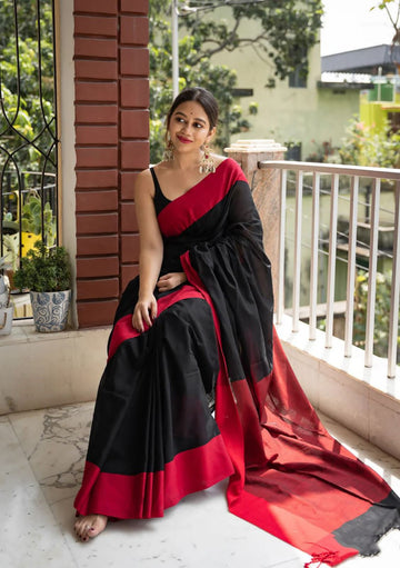 Classic Black & Red Soft Lilan Cotton Jacquard Saree  Bold Minimalism with Urban Grace