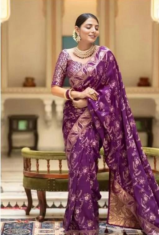 Royal Purple Banarasi Jacquard Lichi Silk Saree with Soft Gold Zari