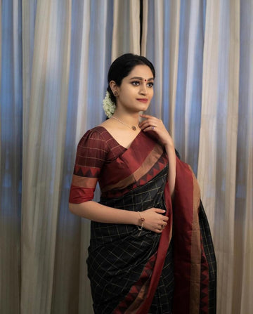 Elegant Black Jacquard Lichi Silk Saree with Maroon Zari Border  Timeless South Indian Grace