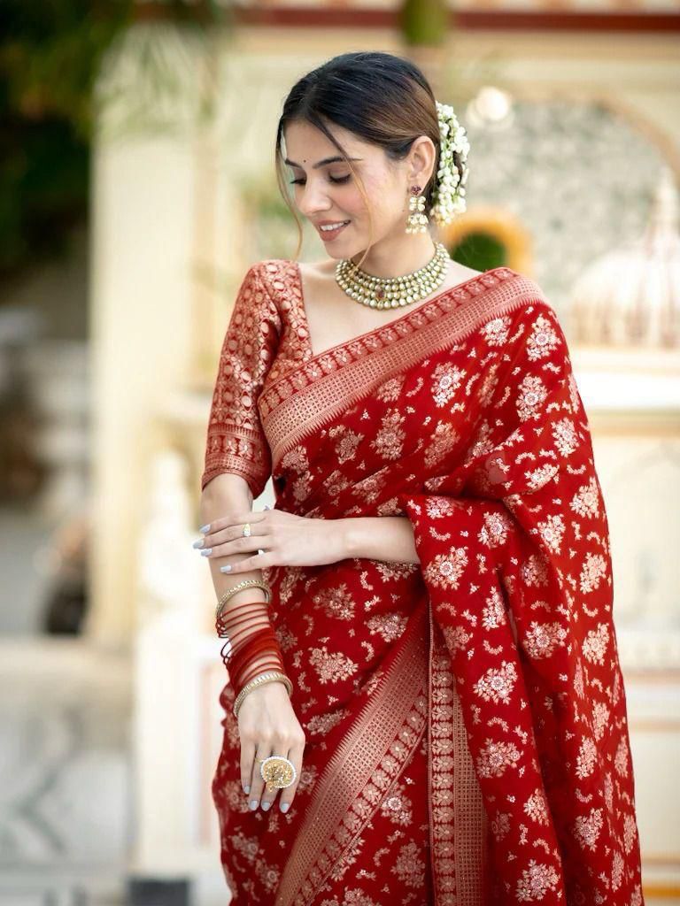 Deep Red Banarasi Jacquard Lichi Silk Saree with Rich Silver Zari Work