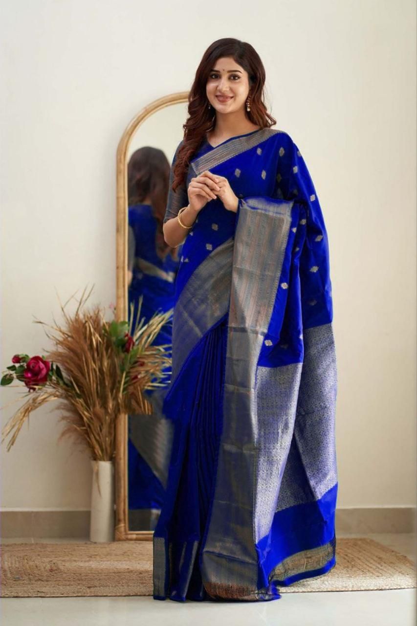 Deep Royal Blue Jacquard Lichi Silk Saree with Subtle Silver Zari Accents