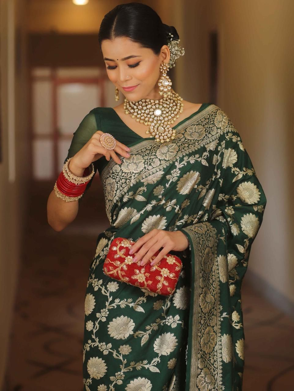 Deep Emerald Green Handwoven Banarasi Jacquard Lichi Silk Saree with Antique Zari Work