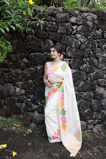 Cream Jacquard Soft Lichi Silk Leaf Motifs Saree