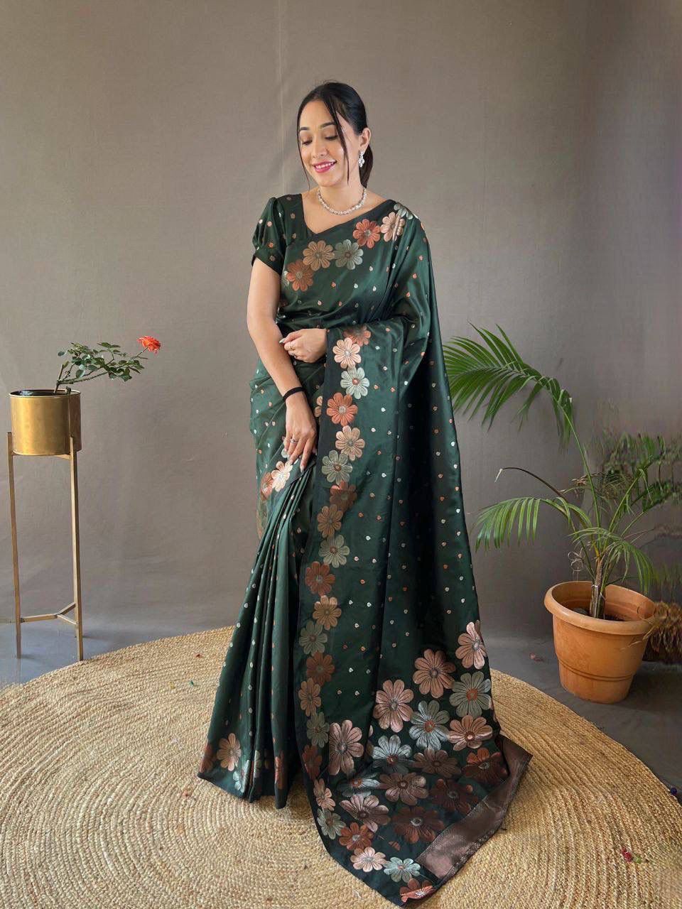 Botanic Charm  Deep Green Floral Jacquard Soft Silk Saree
