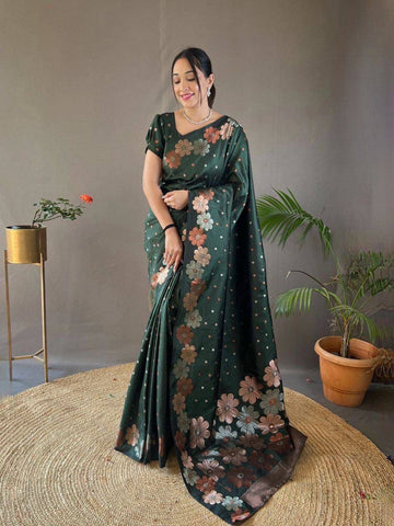 Botanic Charm  Deep Green Floral Jacquard Soft Silk Saree