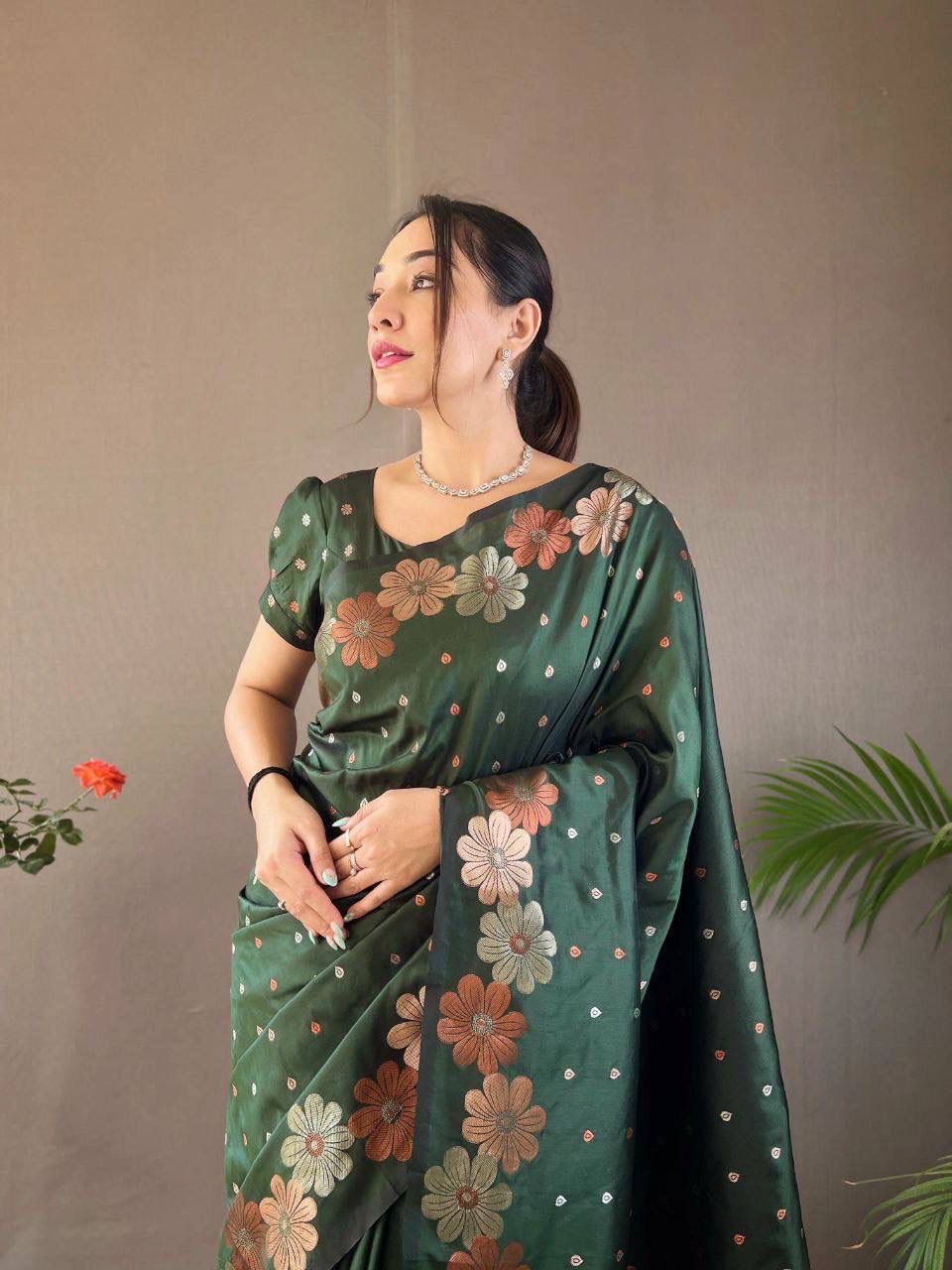 Botanic Charm  Deep Green Floral Jacquard Soft Silk Saree