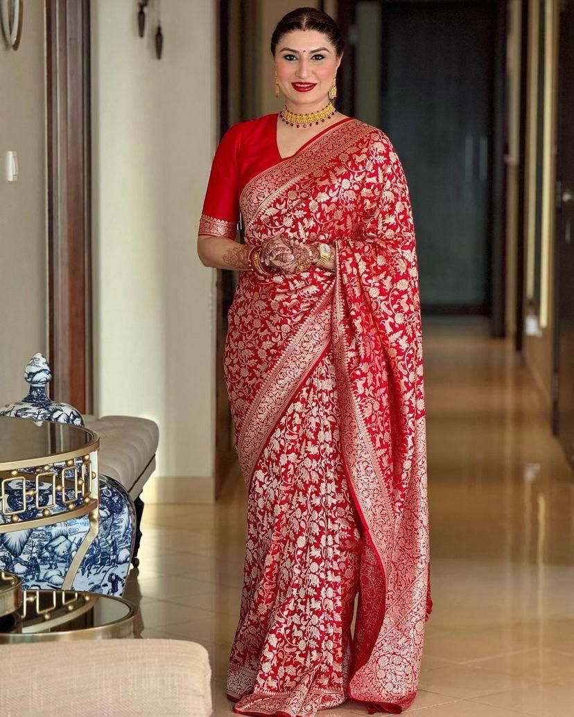 Crimson Red Banarasi Silk Saree with Rich Zari Floral Weave  A Bridal Elegance Reimagined