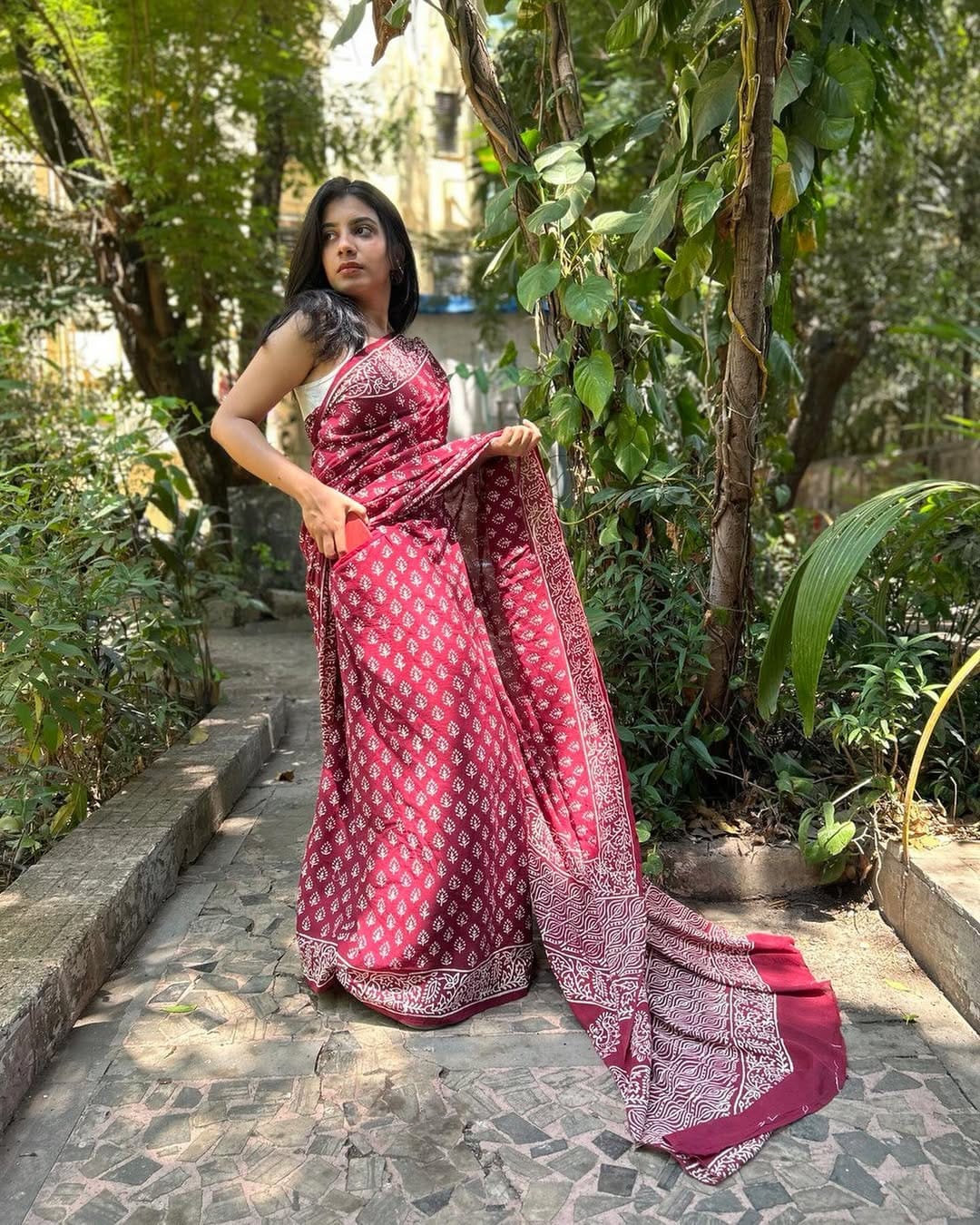 Maroon Mul Cotton Silk Ready to Wear Saree with Floral Print and Border Work with blouse