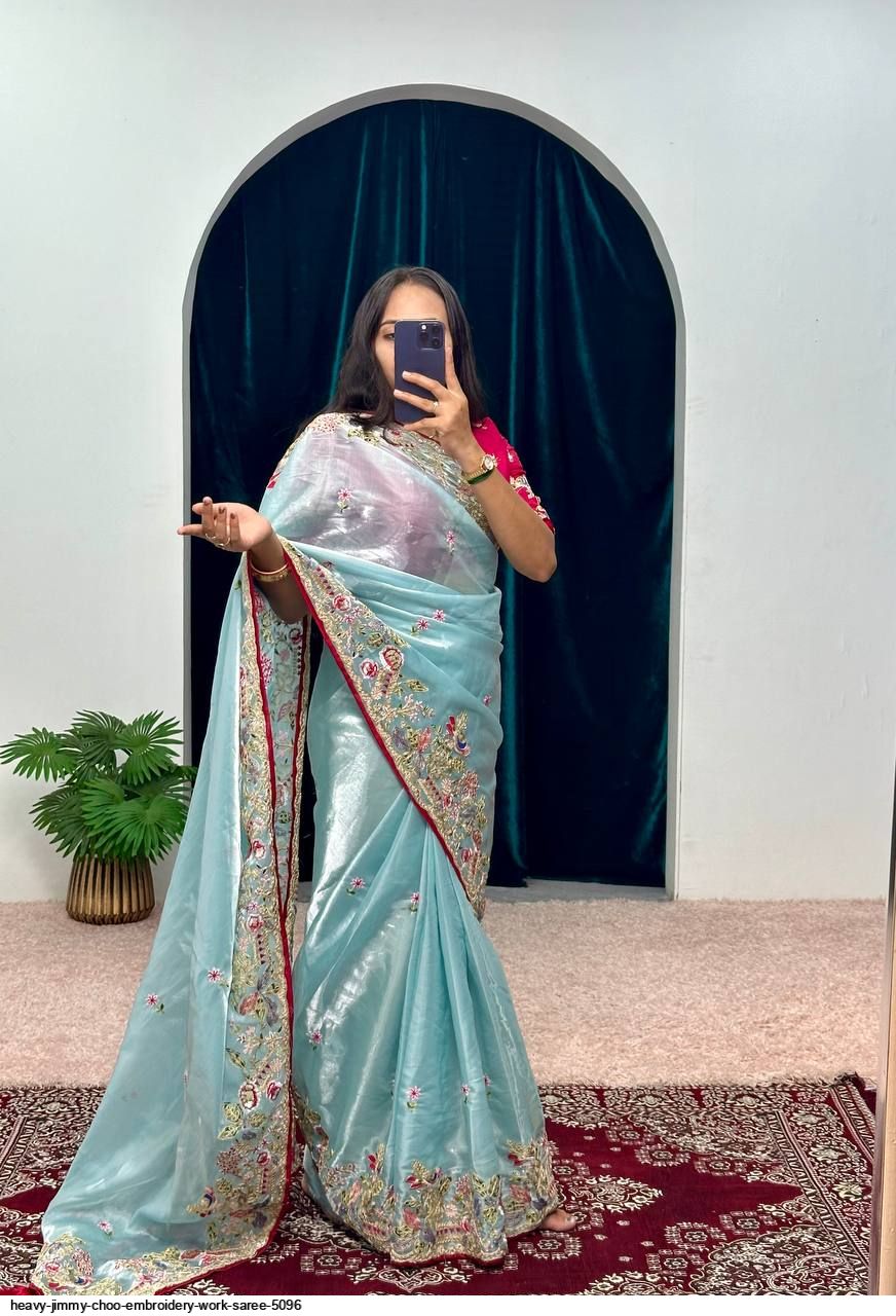 Elegant Gorgeous Light Aqua Blue Jimichu Silk Saree with Embroidery Work & Unstitched Blouse