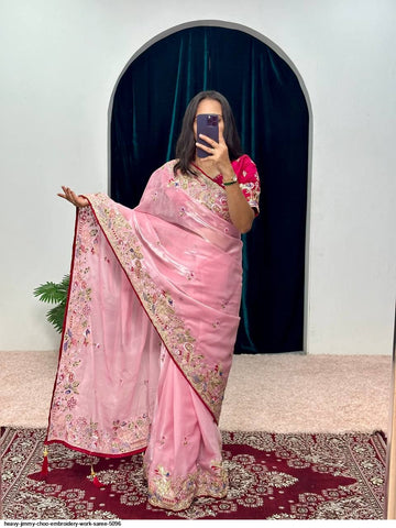 Elegant Gorgeous Soft Pink Jimichu Silk Saree with Embroidery Work & Unstitched Blouse