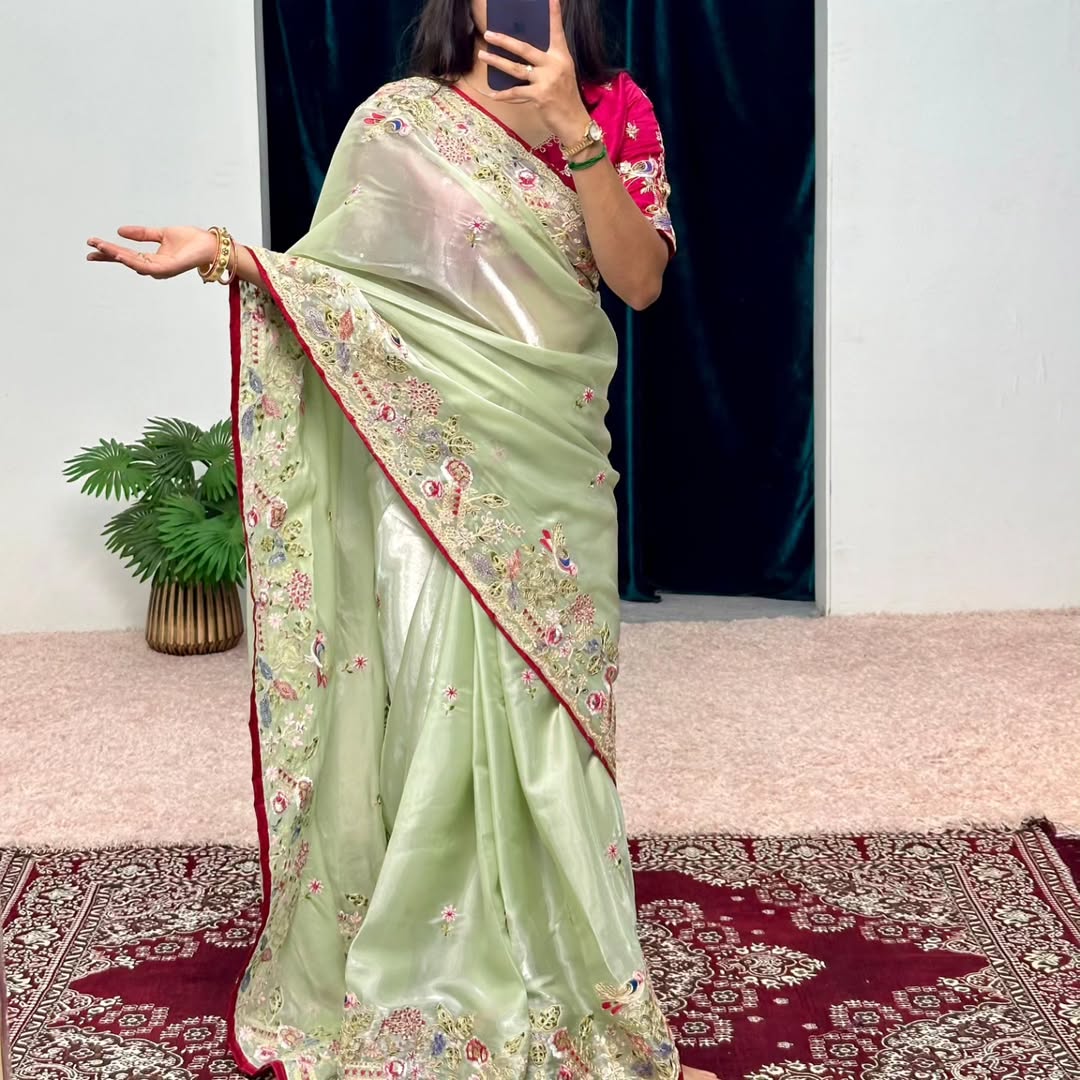 Elegant Gorgeous Light Pista Green Jimichu Silk Saree with Embroidery Work & Unstitched Blouse
