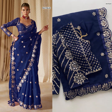 Exclusive Navy Blue Georgette Silk Party Wear Saree with Stitched Blouse