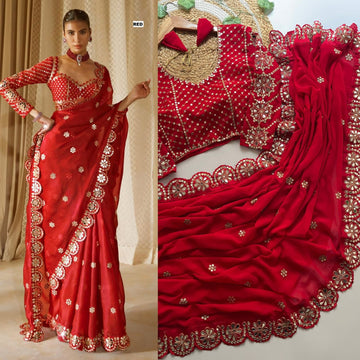 Exclusive Red Georgette Silk Party Wear Saree with Stitched Blouse