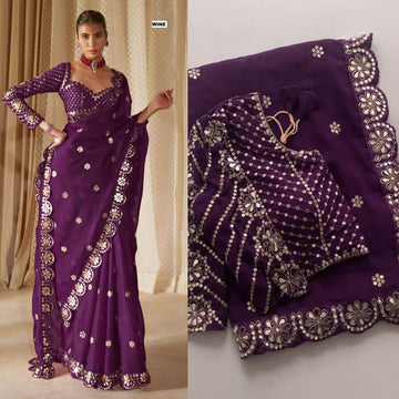 Exclusive Wine Purple Georgette Silk Party Wear Saree with Stitched Blouse