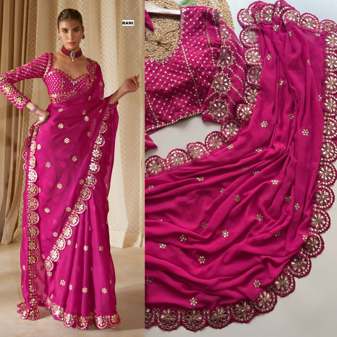Exclusive Rani Pink Purple Georgette Silk Party Wear Saree with Stitched Blouse