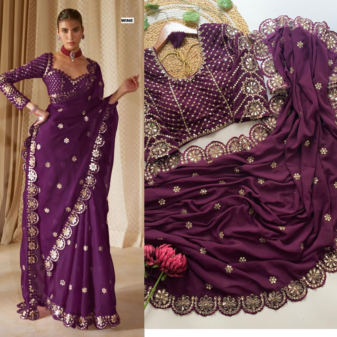 Exclusive Wine Purple Georgette Silk Party Wear Saree with Stitched Blouse