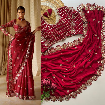 Exclusive Maroon Georgette Silk Party Wear Saree with Stitched Blouse
