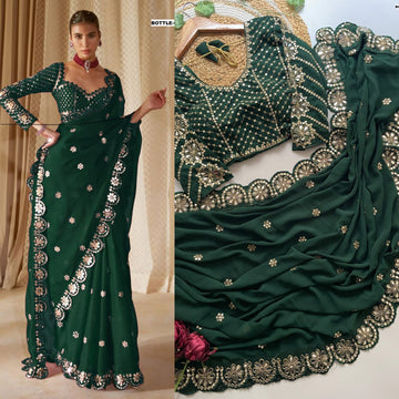Exclusive Bottle Green Georgette Silk Party Wear Saree with Stitched Blouse