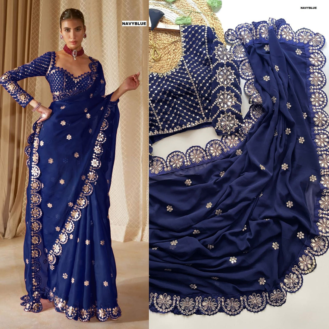 Exclusive Navy Blue Georgette Silk Party Wear Saree with Stitched Blouse