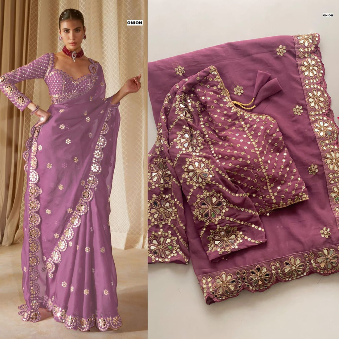 Exclusive Onion Pink Purple Georgette Silk Party Wear Saree with Stitched Blouse