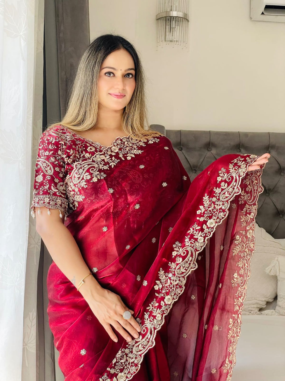 Designer Red Fendy Silk Party Wear Saree with Stitched Embroidered Blouse
