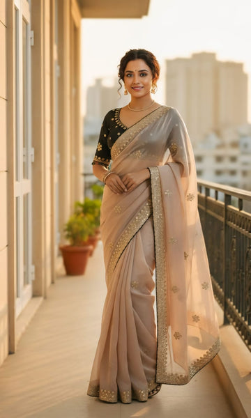 Designer Beige Gold Jimichu Silk Party Wear Saree with Stitched Blouse