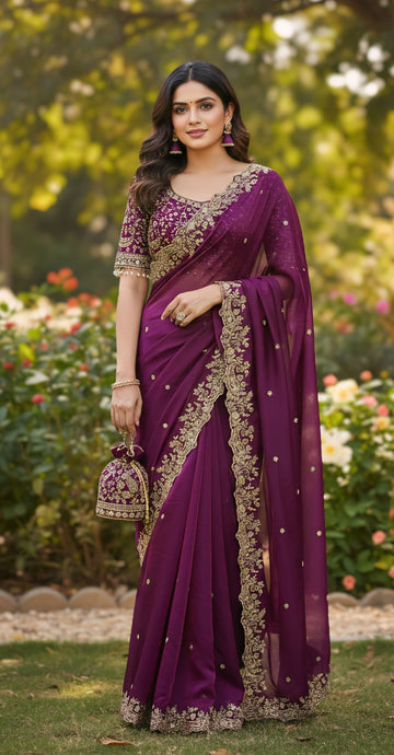 Designer Wine Fendy Silk Party Wear Saree with Stitched Embroidered Blouse