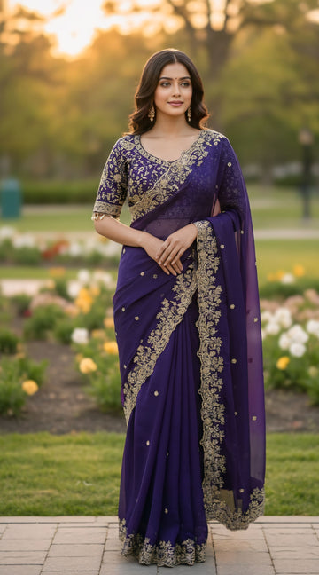 Designer Purple Fendy Silk Party Wear Saree with Stitched Embroidered Blouse