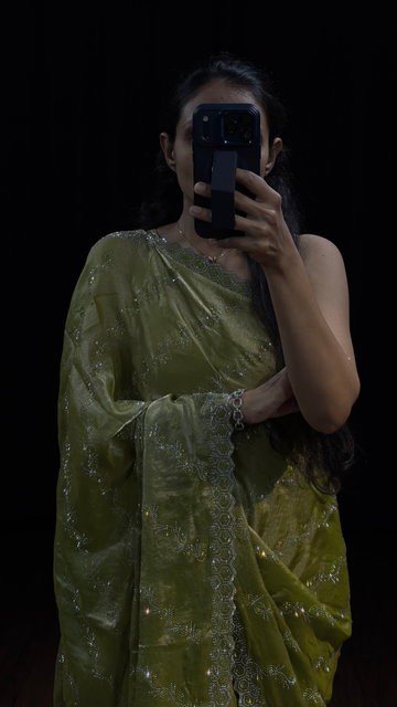 Olive Green Party Wear Saree with Stone Work