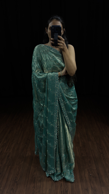 Teal Green Designer Saree with Swarovski Embellishment