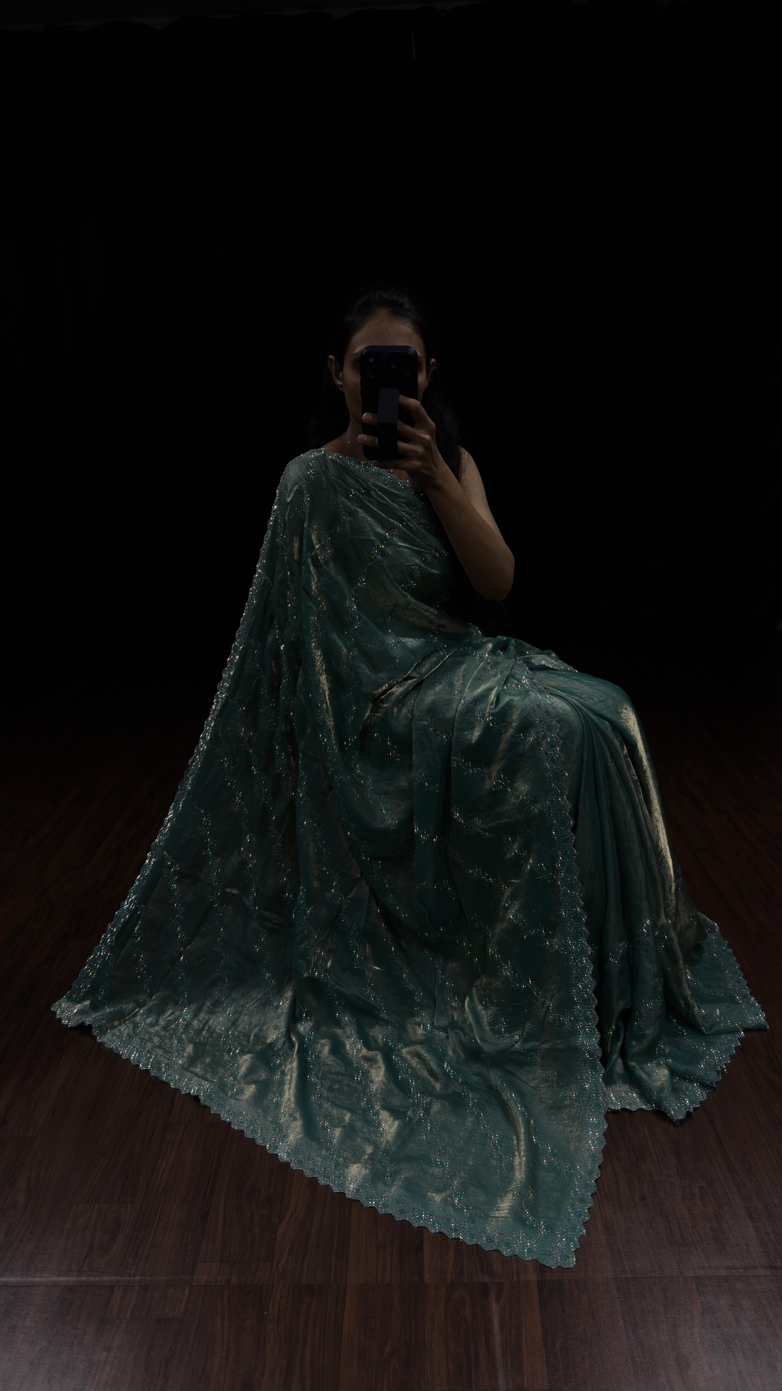 Teal Green Designer Saree with Swarovski Embellishment