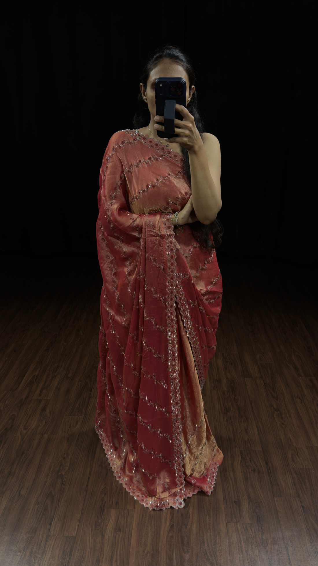 Rust Peach Swarovski Work Designer Saree