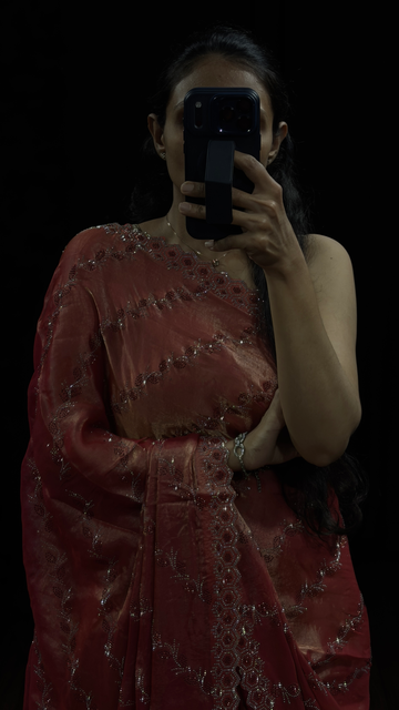 Rust Peach Swarovski Work Designer Saree
