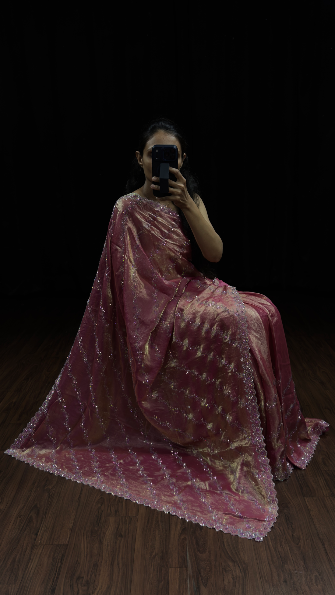 Dusty Rose Pink Swarovski Work Designer Saree