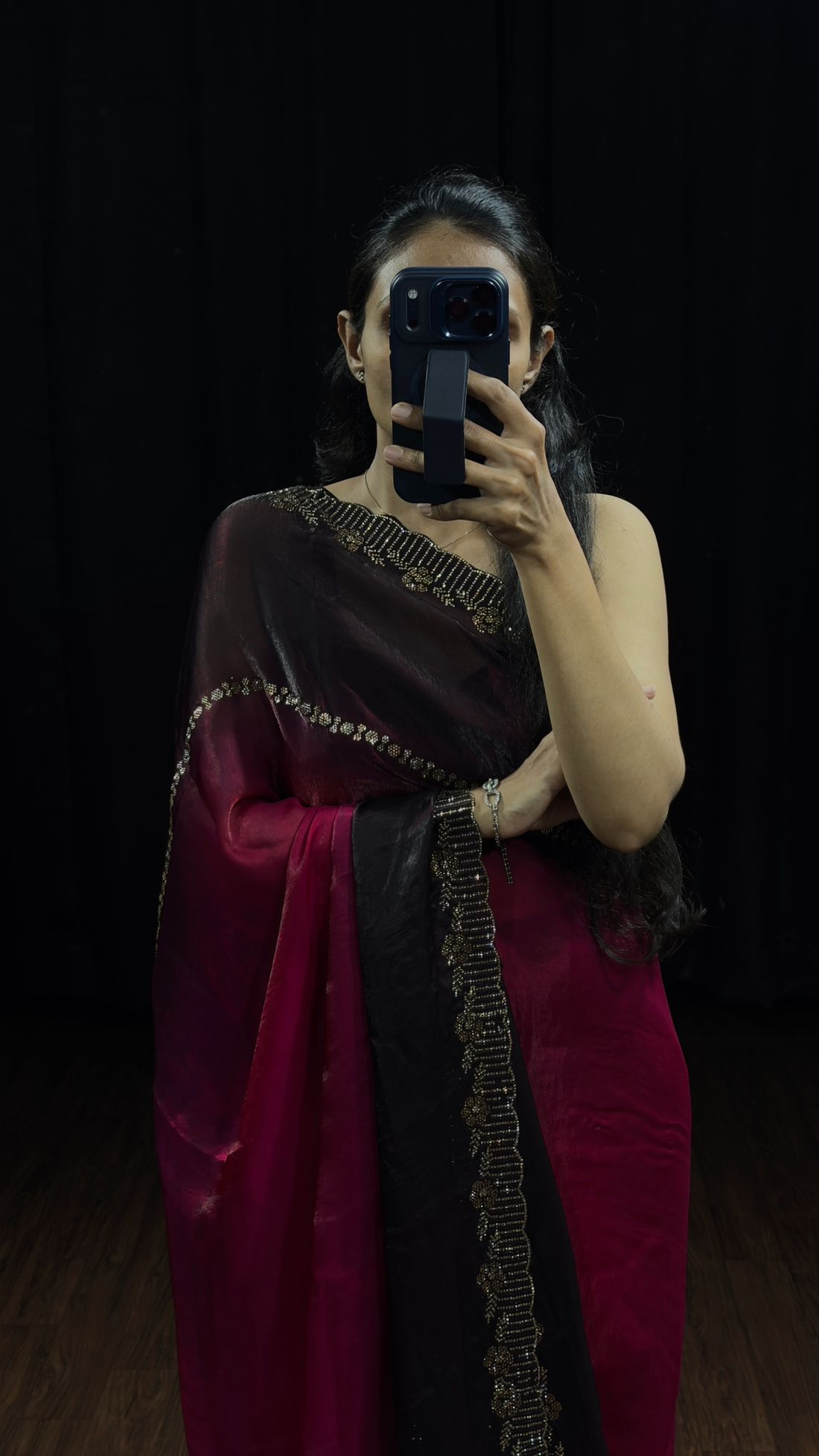Wine Maroon & Black Swarovski Border Designer Saree