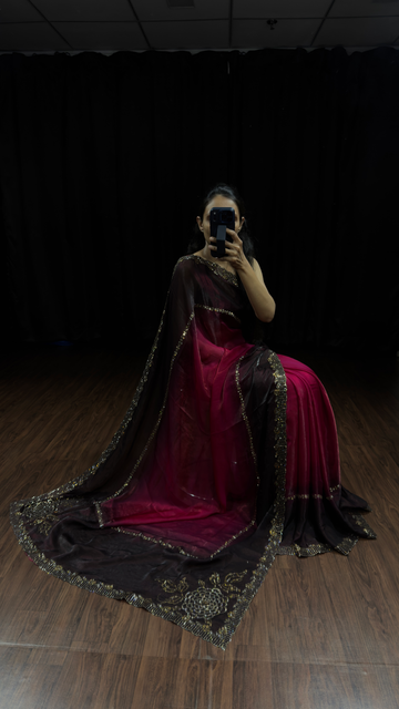 Wine Maroon & Black Swarovski Border Designer Saree
