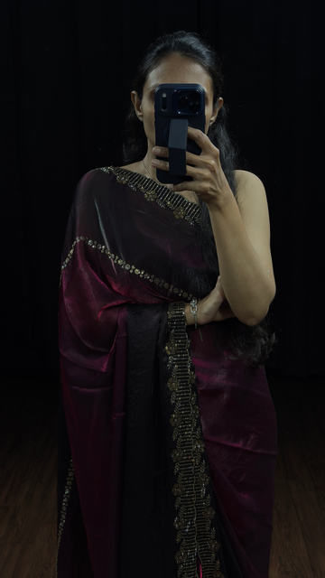 Wine & Black Swarovski Border Designer Saree