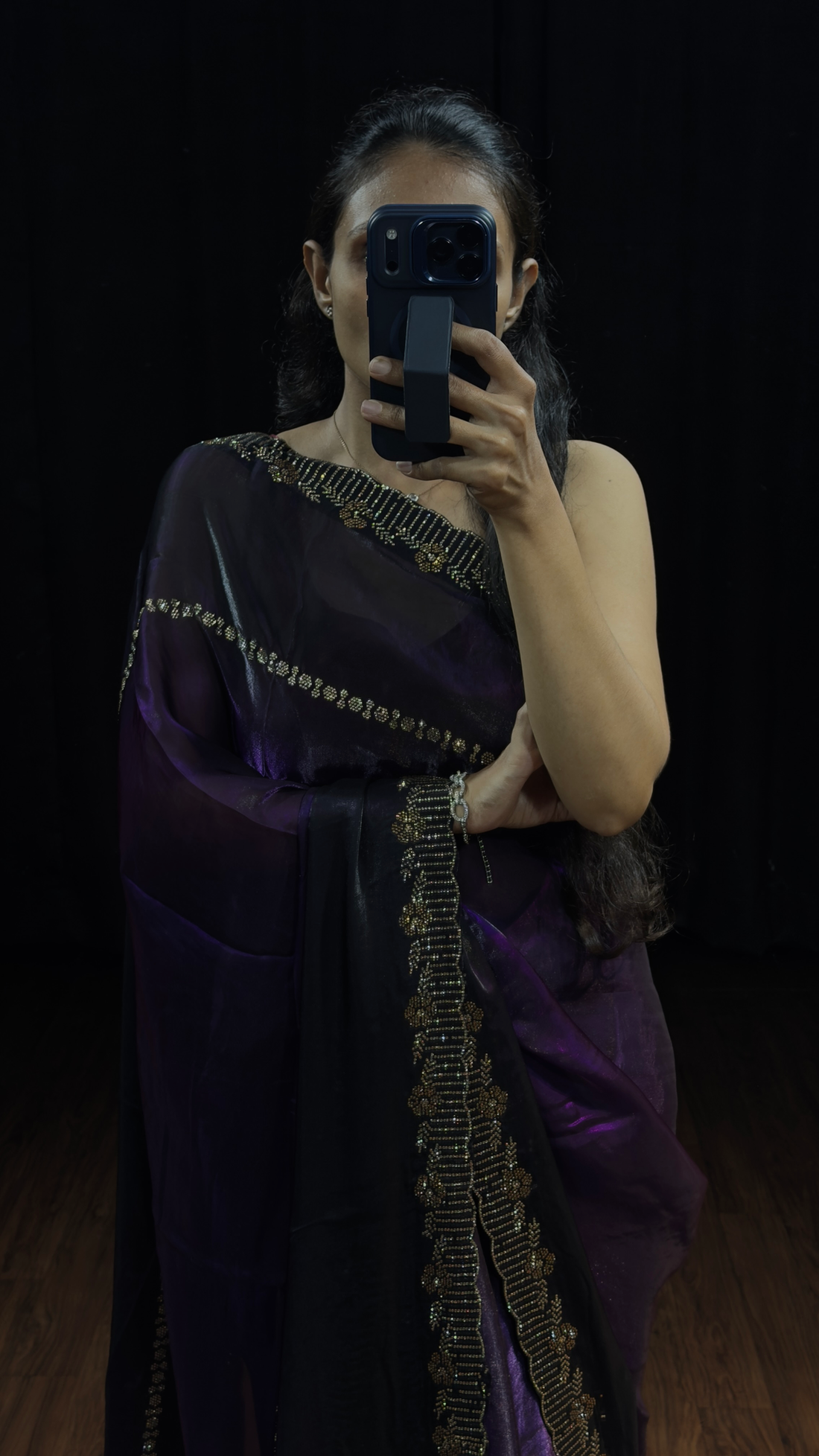 Royal Purple Black Swarovski Border Designer Saree