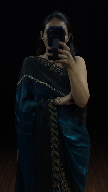 Teal Blue and Black Party Wear Designer Saree