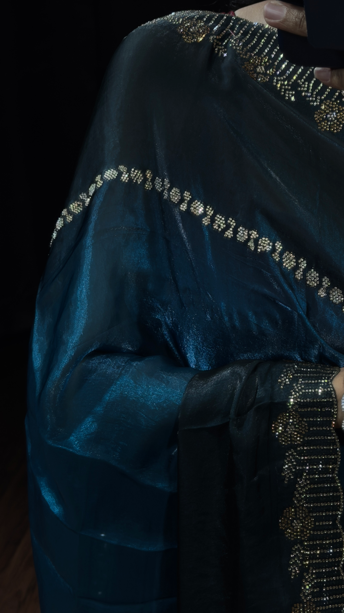 Teal Blue and Black Party Wear Designer Saree
